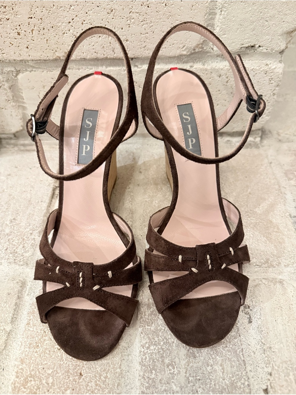 SJP Women’s Brown Suede Ankle-Strap Wedge Sandals